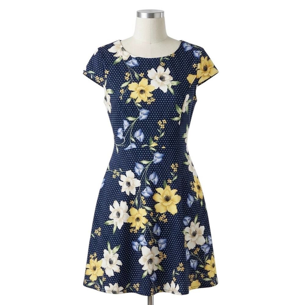 Jessica Howard 12P Petite Navy Floral Polka Dot Fit & Flare Dres